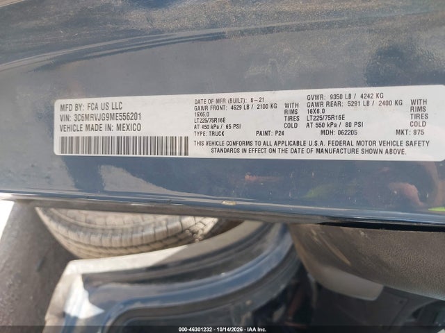 2021 Ram Promaster 3500 Cargo Van High Roof 159 Wb Ext მანქანა იყიდება აუქციონზე, vin: 3C6MRVJG9ME556201, აუქციონის ნომერი: 46301232