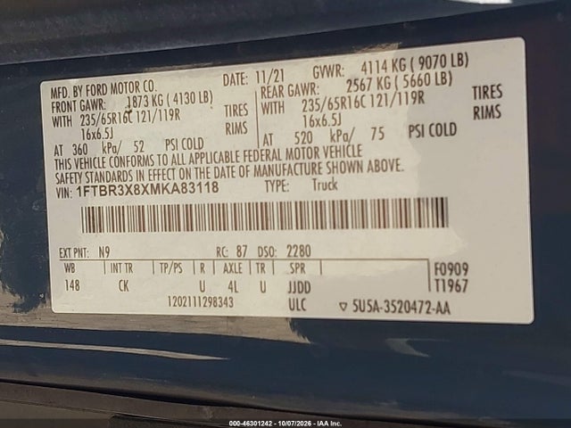 2021 Ford Transit-250 Cargo Van მანქანა იყიდება აუქციონზე, vin: 1FTBR3X8XMKA83118, აუქციონის ნომერი: 46301242