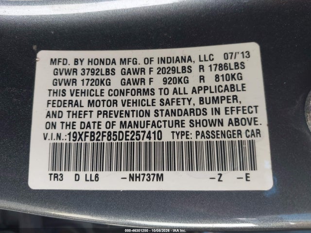 Продаж на аукціоні авто 2013 Honda Civic Ex, vin: 19XFB2F85DE257410, номер лоту: 46301250