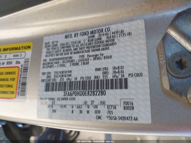 46301258 :رقم المزاد ، 3FA6P0HD0ER282280 vin ، 2014 Ford Fusion Se مزاد بيع