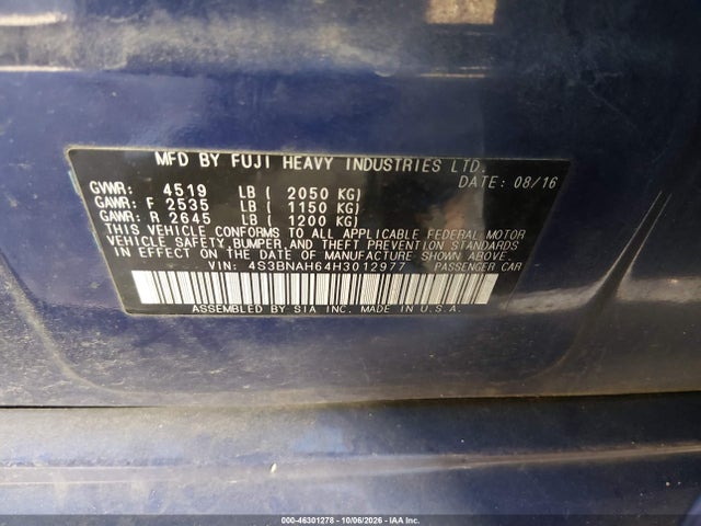 46301278 :رقم المزاد ، 4S3BNAH64H3012977 vin ، 2017 Subaru Legacy 2.5i Premium مزاد بيع