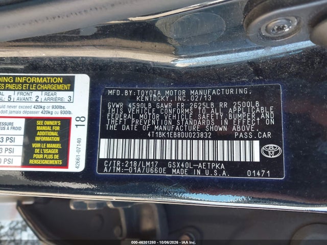 46301280 :رقم المزاد ، 4T1BK1EB8DU023832 vin ، 2013 Toyota Avalon Limited مزاد بيع