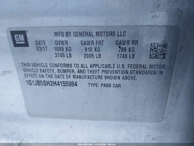 Продаж на аукціоні авто 2017 Chevrolet Sonic Ls Auto, vin: 1G1JB5SH2H4155984, номер лоту: 46301284