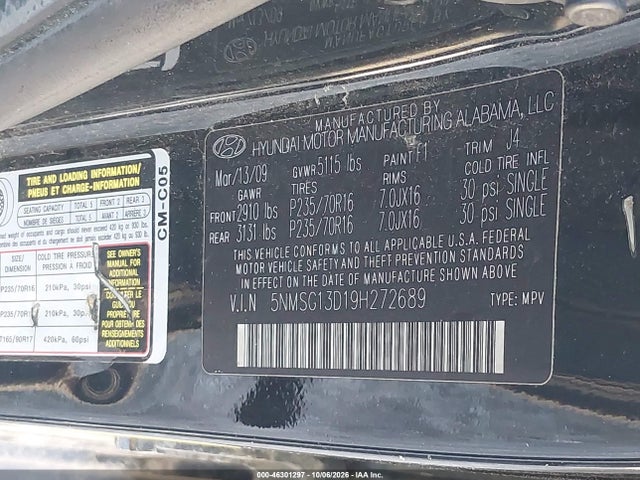 Продаж на аукціоні авто 2009 Hyundai Santa Fe Gls, vin: 5NMSG13D19H272689, номер лоту: 46301297