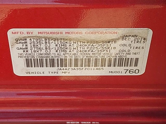 Продаж на аукціоні авто 2015 Mitsubishi Outlander Se, vin: JA4AZ3A35FZ011465, номер лоту: 46301298