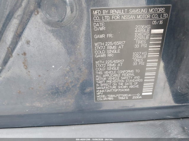 46301299 :رقم المزاد ، KNMAT2MT7GP704368 vin ، 2016 Nissan Rogue S/sl/sv مزاد بيع