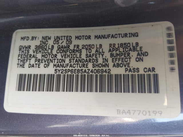 2010 Pontiac Vibe მანქანა იყიდება აუქციონზე, vin: 5Y2SP6E85AZ406942, აუქციონის ნომერი: 46301315