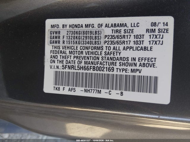 Продаж на аукціоні авто 2015 Honda Odyssey Ex-l, vin: 5FNRL5H66FB002169, номер лоту: 46301327