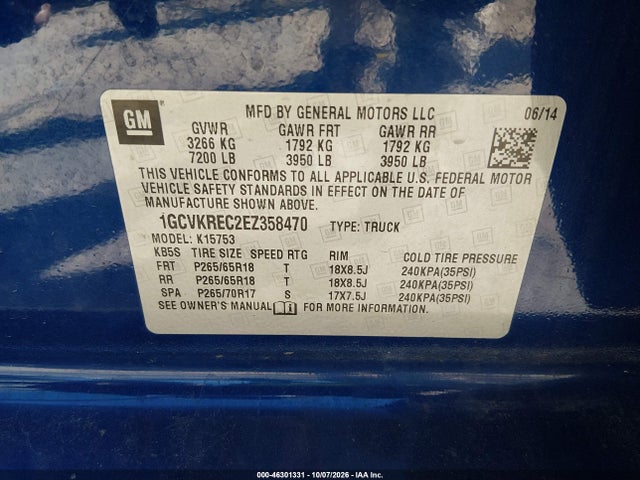 Aukcja sprzedaży 2014 Chevrolet Silverado 1500 2lt, vin: 1GCVKREC2EZ358470, numer aukcji: 46301331