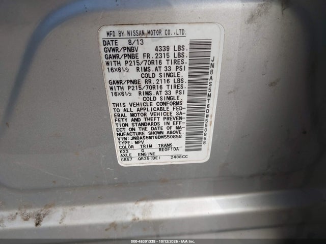 Aukcja sprzedaży 2013 Nissan Rogue S, vin: JN8AS5MT6DW550858, numer aukcji: 46301338