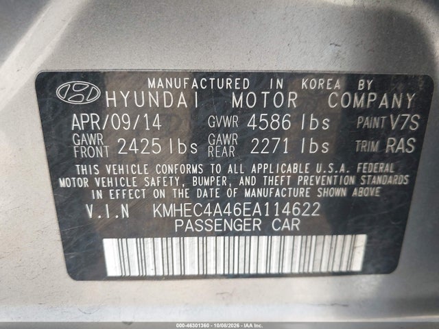 Продаж на аукціоні авто 2014 Hyundai Sonata Hybrid, vin: KMHEC4A46EA114622, номер лоту: 46301360