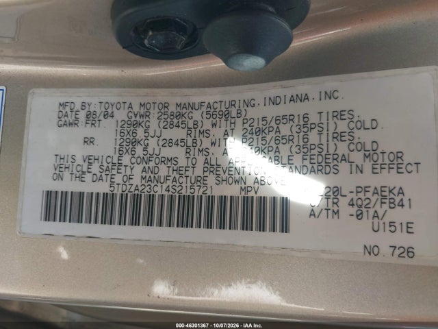 Aukcja sprzedaży 2004 Toyota Sienna Le, vin: 5TDZA23C14S215721, numer aukcji: 46301367