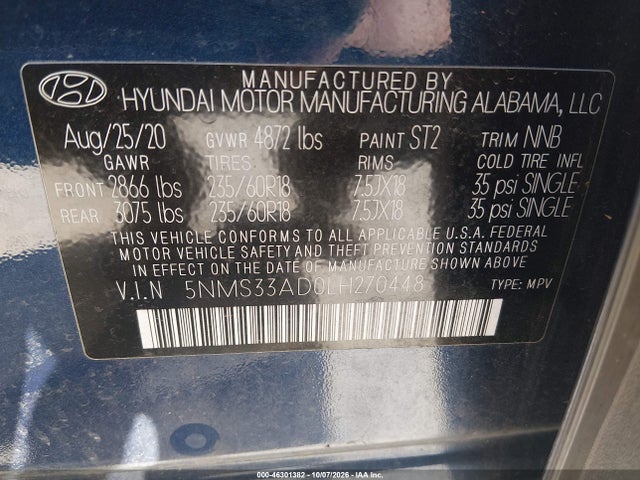 Aukcja sprzedaży 2020 Hyundai Santa Fe Sel, vin: 5NMS33AD0LH270448, numer aukcji: 46301382
