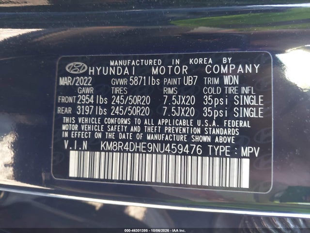 Продажа на аукционе авто 2022 Hyundai Palisade Sel, vin: KM8R4DHE9NU459476, номер лота: 46301395