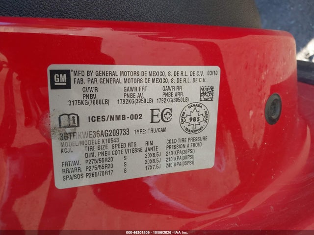 Aukcja sprzedaży 2010 Gmc Sierra 1500 Slt, vin: 3GTRKWE36AG209733, numer aukcji: 46301409