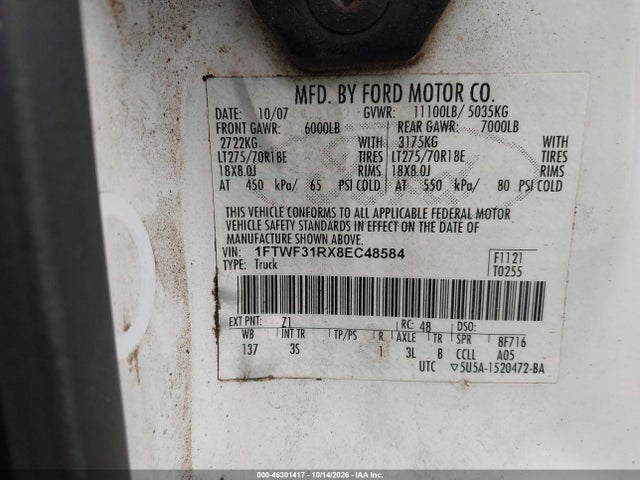 Продажа на аукционе авто 2008 Ford F-350 Xlt, vin: 1FTWF31RX8EC48584, номер лота: 46301417