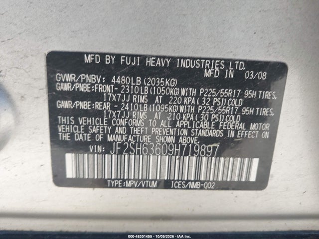 Продажа на аукционе авто 2009 Subaru Forester 2.5x, vin: JF2SH63609H719897, номер лота: 46301455