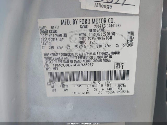 46301468 :رقم المزاد ، 1FMCU0D76BKB35057 vin ، 2011 Ford Escape Xlt مزاد بيع