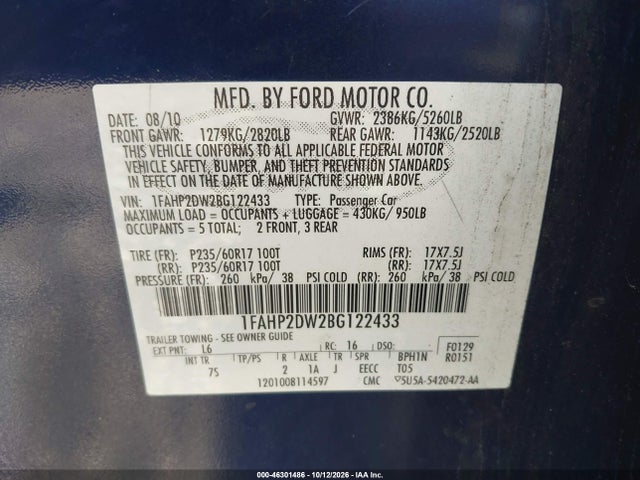 2011 Ford Taurus Se მანქანა იყიდება აუქციონზე, vin: 1FAHP2DW2BG122433, აუქციონის ნომერი: 46301486