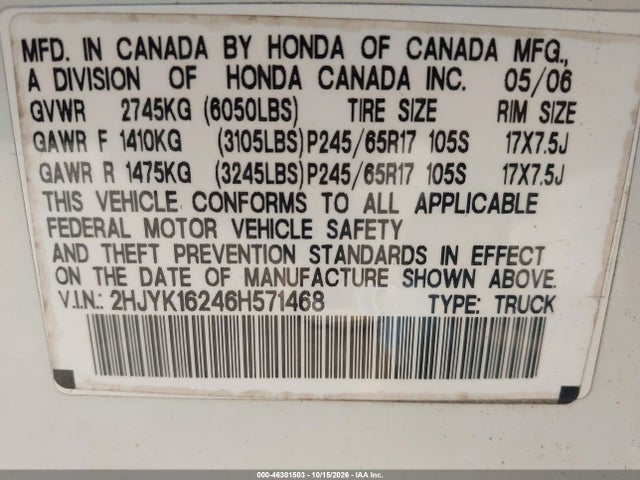 Продажа на аукционе авто 2006 Honda Ridgeline Rt, vin: 2HJYK16246H571468, номер лота: 46301503