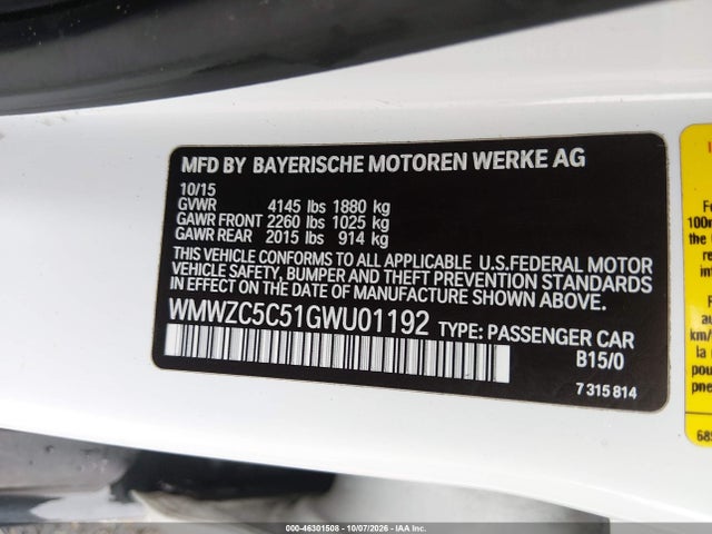 46301508 :رقم المزاد ، WMWZC5C51GWU01192 vin ، 2016 Mini Countryman Cooper S مزاد بيع