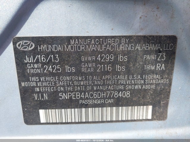 2013 Hyundai Sonata Gls მანქანა იყიდება აუქციონზე, vin: 5NPEB4AC6DH778408, აუქციონის ნომერი: 46301511