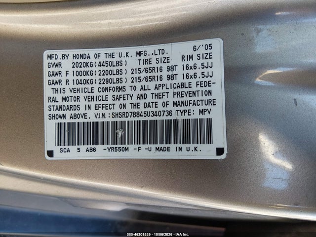 Aukcja sprzedaży 2005 Honda Cr-v Ex, vin: SHSRD78845U340736, numer aukcji: 46301539