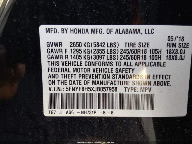 Aukcja sprzedaży 2018 Honda Pilot Ex-l, vin: 5FNYF6H5XJB057958, numer aukcji: 46301545
