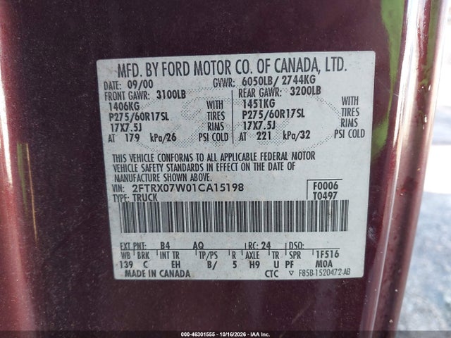 Aukcja sprzedaży 2001 Ford F-150 Lariat/xl/xlt, vin: 2FTRX07W01CA15198, numer aukcji: 46301555