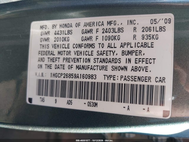 Продажа на аукционе авто 2009 Honda Accord Sdn Ex-l, vin: 1HGCP26859A160983, номер лота: 46301577