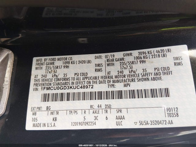 Продажа на аукционе авто 2019 Ford Escape Se, vin: 1FMCU0GD3KUC48972, номер лота: 46301601