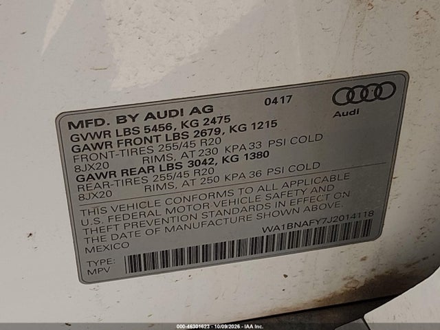 Aukcja sprzedaży 2018 Audi Q5 2.0t Premium/2.0t Tech Premium, vin: WA1BNAFY7J2014118, numer aukcji: 46301623