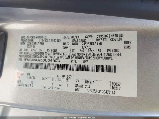 46301624 :رقم المزاد ، 1FMCU9G95DUD41673 vin ، 2013 Ford Escape Se مزاد بيع