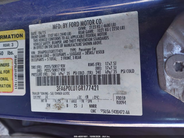 2016 Ford Fusion Hybrid Se მანქანა იყიდება აუქციონზე, vin: 3FA6P0LU1GR177421, აუქციონის ნომერი: 46301651