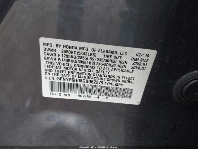 46301663 :رقم المزاد ، 5FNYF6H08GB062279 vin ، 2016 Honda Pilot Elite مزاد بيع