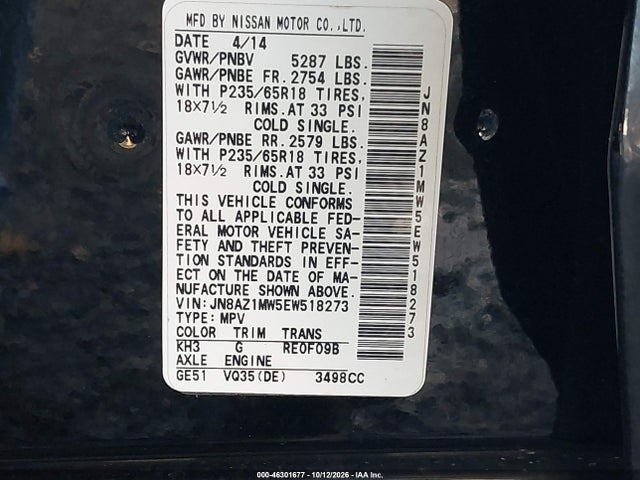Продаж на аукціоні авто 2014 Nissan Murano S, vin: JN8AZ1MW5EW518273, номер лоту: 46301677