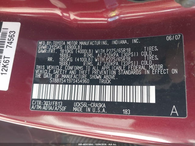 Aukcja sprzedaży 2007 Toyota Tundra Sr5 4.7l V8, vin: 5TBBT54197S454960, numer aukcji: 46301684