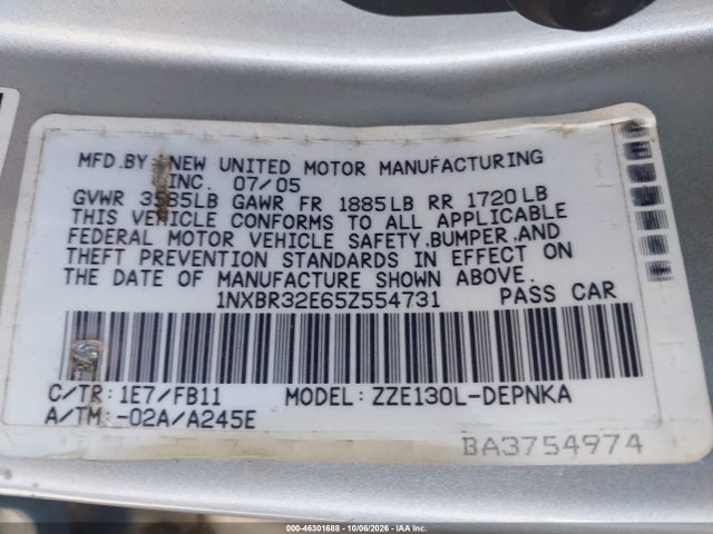 46301688 :رقم المزاد ، 1NXBR32E65Z554731 vin ، 2005 Toyota Corolla Le مزاد بيع