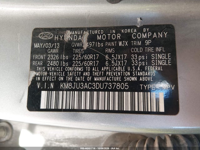 46301716 :رقم المزاد ، KM8JU3AC3DU737805 vin ، 2013 Hyundai Tucson Gls مزاد بيع