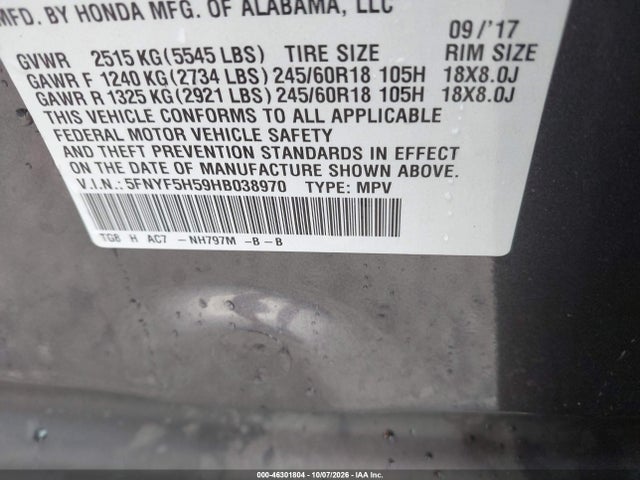 2017 Honda Pilot Ex-l მანქანა იყიდება აუქციონზე, vin: 5FNYF5H59HB038970, აუქციონის ნომერი: 46301804