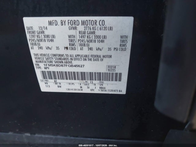 Продажа на аукционе авто 2015 Ford Explorer Xlt, vin: 1FM5K8D87FGB45627, номер лота: 46301817