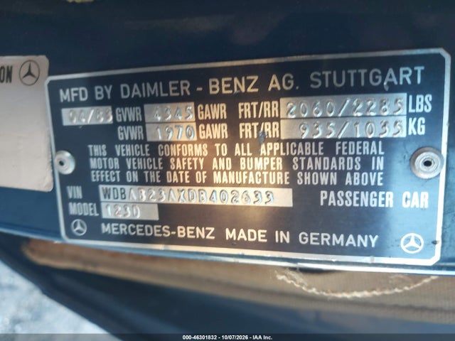 1983 Mercedes-benz 240 D მანქანა იყიდება აუქციონზე, vin: WDBAB23AXDB402633, აუქციონის ნომერი: 46301832