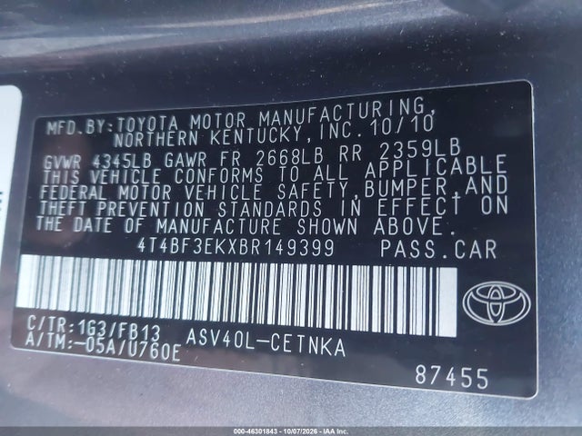 Продажа на аукционе авто 2011 Toyota Camry Le, vin: 4T4BF3EKXBR149399, номер лота: 46301843