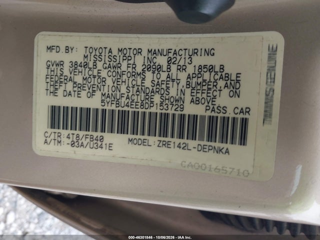 Aukcja sprzedaży 2013 Toyota Corolla Le, vin: 5YFBU4EE8DP153729, numer aukcji: 46301846