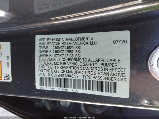 Продаж на аукціоні авто 2026 Honda Accord Hybrid Ex-l, vin: 1HGCY2F61TA048779, номер лоту: 46301850