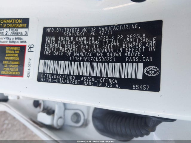 46301858 :رقم المزاد ، 4T1BF1FK7CU536751 vin ، 2012 Toyota Camry Le مزاد بيع