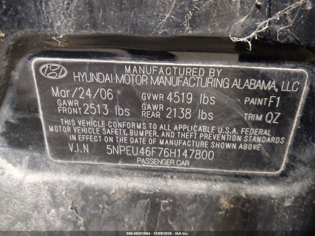 Aukcja sprzedaży 2006 Hyundai Sonata Gls V6/lx V6, vin: 5NPEU46F76H147800, numer aukcji: 46301864