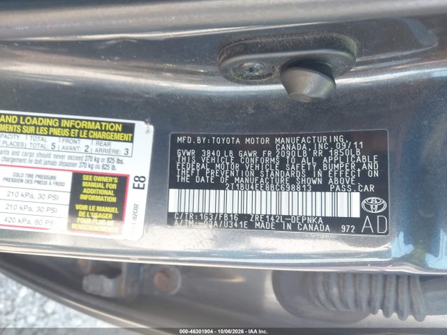 46301904 :رقم المزاد ، 2T1BU4EE8BC698813 vin ، 2011 Toyota Corolla Le مزاد بيع