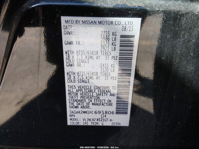 Продажа на аукционе авто 2015 Nissan Pathfinder S, vin: 5N1AR2MM1FC695806, номер лота: 46301950