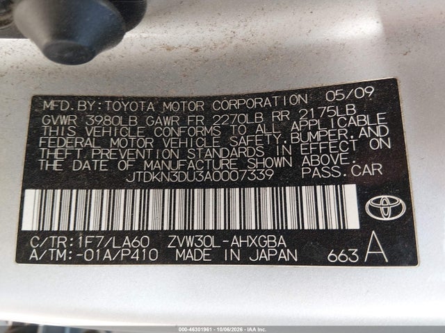 Aukcja sprzedaży 2010 Toyota Prius Iv, vin: JTDKN3DU3A0007339, numer aukcji: 46301961